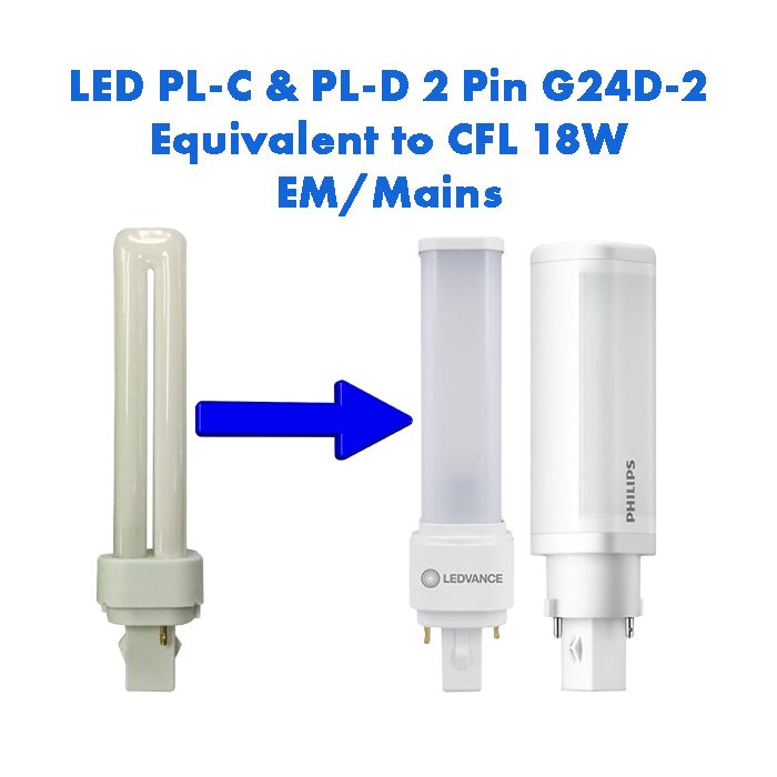 EM/Mains LED PL-C & PL-D Equivalent to 18W CFL 2 Pin G24D-2