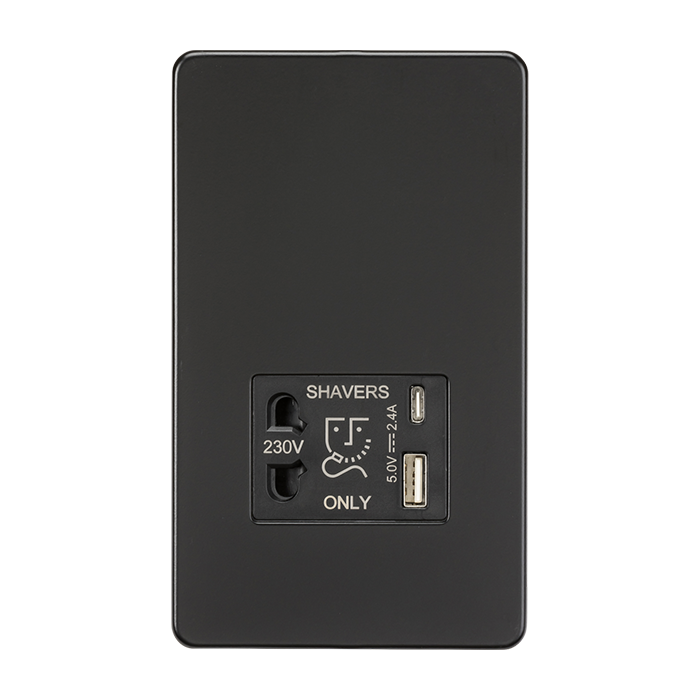 MLA Knightsbridge 230V Black Shaver Socket with Dual USB A + C