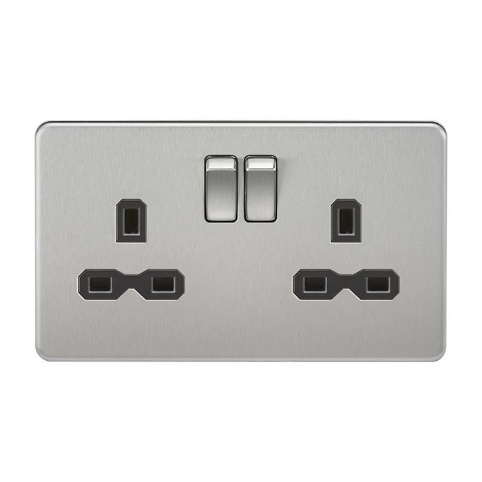 MLA-Knightsbridge Screwless Socket 2 Gang  Brushed Chrome  with Black Insert 