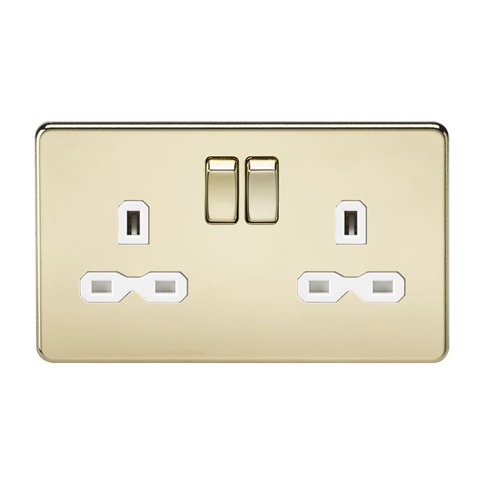 MLA-Knightsbridge Screwless Socket 2 Gang  Polished Brass  with White Insert