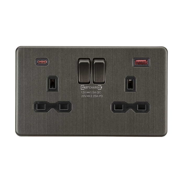 MLA Knightsbridge Smoked Bronze Double Socket with Dual Fastcharge USB A+C Black Inserts