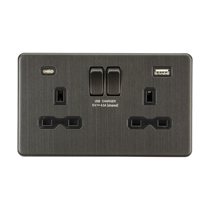 MLA Knightsbridge Smoked Bronze Double Socket with Dual USB A+C Black Inserts