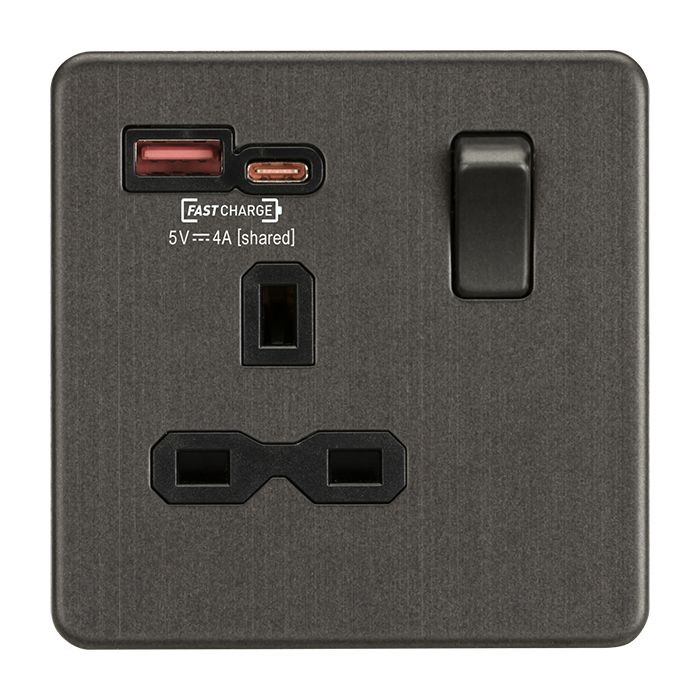 MLA Knightsbridge Smoked Bronze Single Socket with Dual Fastcharge USB A+ C Black Inserts