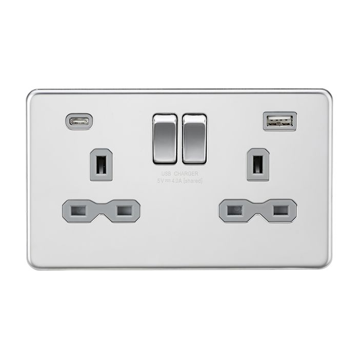 MLA-Knightsbridge Socket 2 Gang Dual USB A + C Charger Polished Chrome with Grey Insert
