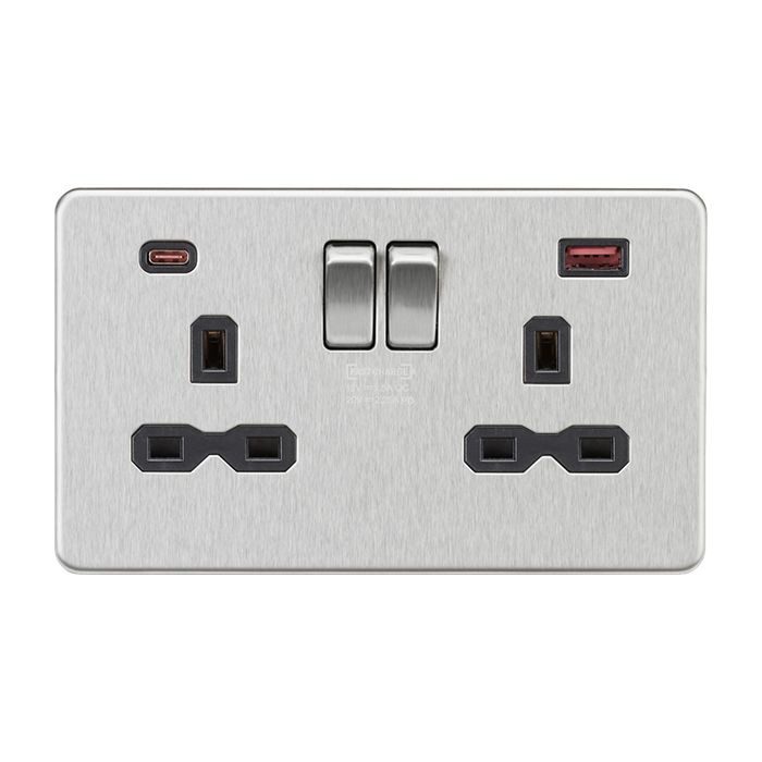 MLA-Knightsbridge Socket 2 Gang Dual USB Fastcharge Ports (A + C) Brushed Chrome  with Black Insert