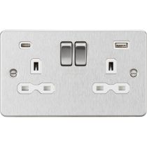 MLA-Knightsbridge Flat Plate Socket 2 Gang Dual USB Charger (2.4A) Brushed Chrome  with White Insert