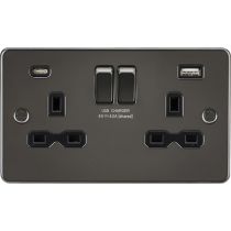 MLA-Knightsbridge Flat Plate Socket 2 Gang Dual USB A + C Charger Gunmetal  with Black Insert