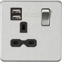 MLA-Knightsbridge Screwless Socket 1 Gang Dual USB Charger (2.4A) Brushed Chrome  with Black Insert 