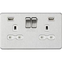 MLA-Knightsbridge Socket 2 Gang Dual USB Charger (2.4A) Brushed Chrome  with White Insert