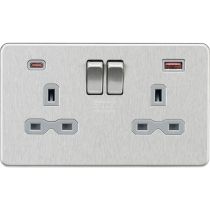 MLA-Knightsbridge Socket 2 Gang  Dual USB Fastcharge Ports (A + C) Brushed Chrome  with Grey Insert